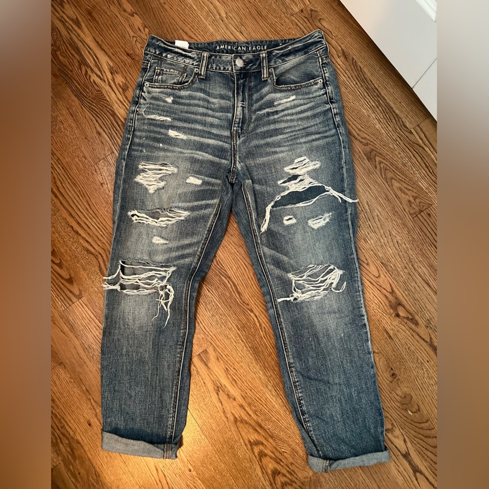 American Eagle hi-rise Tom-girl jeans, distressed, size 10